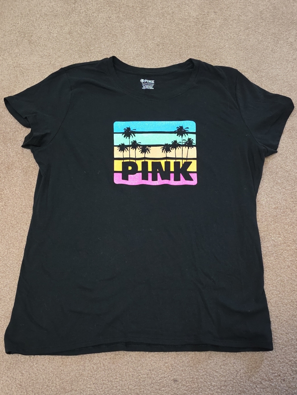 Victoria's Secret Pink Bling Rainbow Tropical Palm Logo Tee Shirt Black XXL
